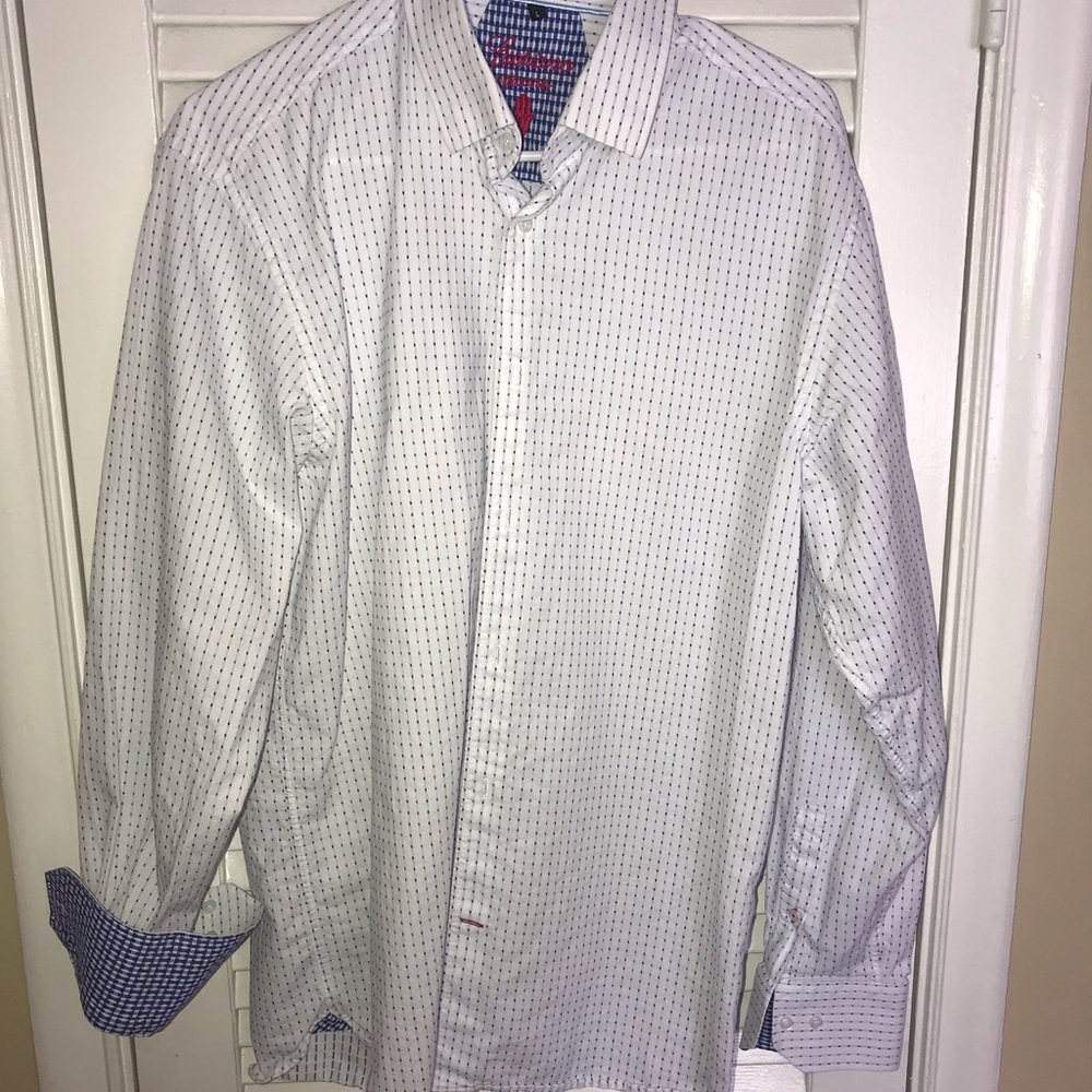 LUCHIANO VISCONTI White Blue Flip Cuff Long Sleeve Button Up Shirt Mens Large.